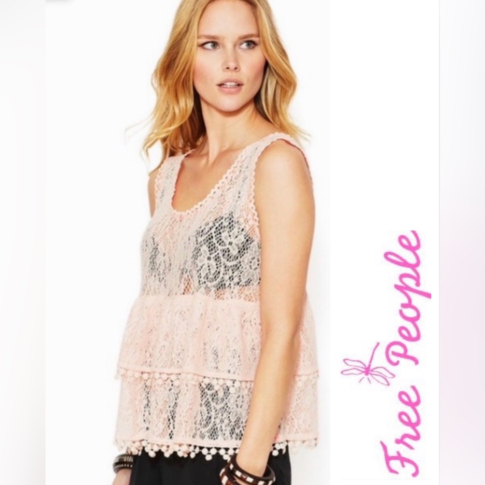 Free People Pink Daydream Baby Doll Boho Crochet Lace Tank Layered Top